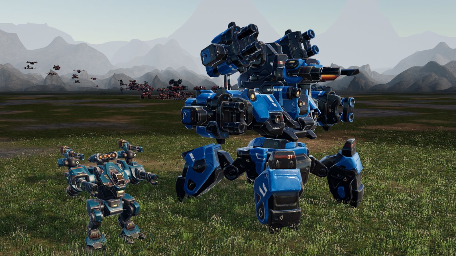 A blue boss walker towers over the commander mech as the red army gathers in the distance