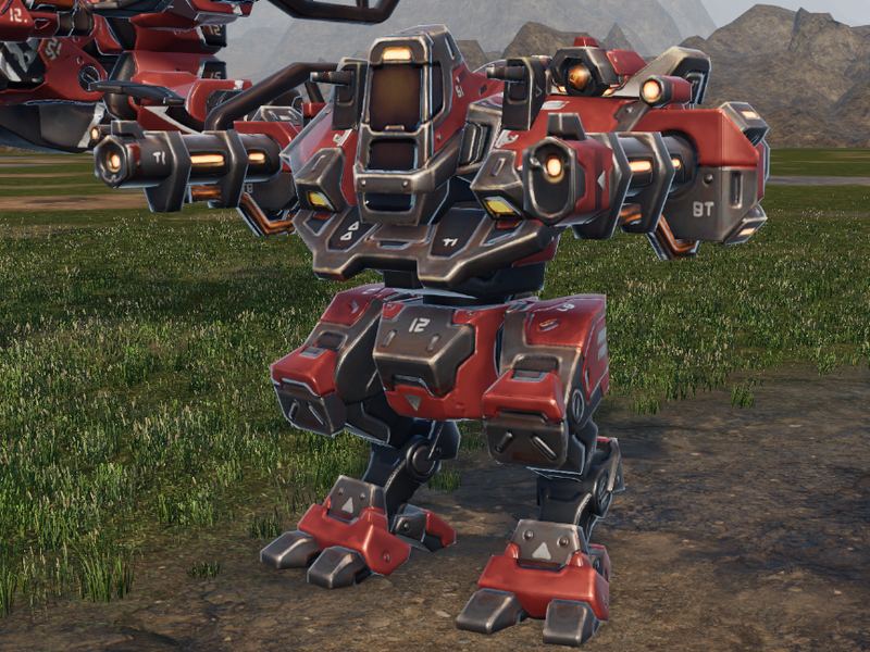 Red bipedal gun mech