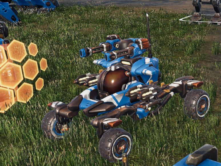 Blue rover beside a shield